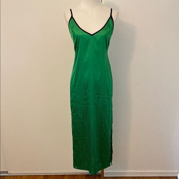 Kelly Green Floral Satin Midi Dress with Black Trim Size Small / Medium - Picture 2 of 13